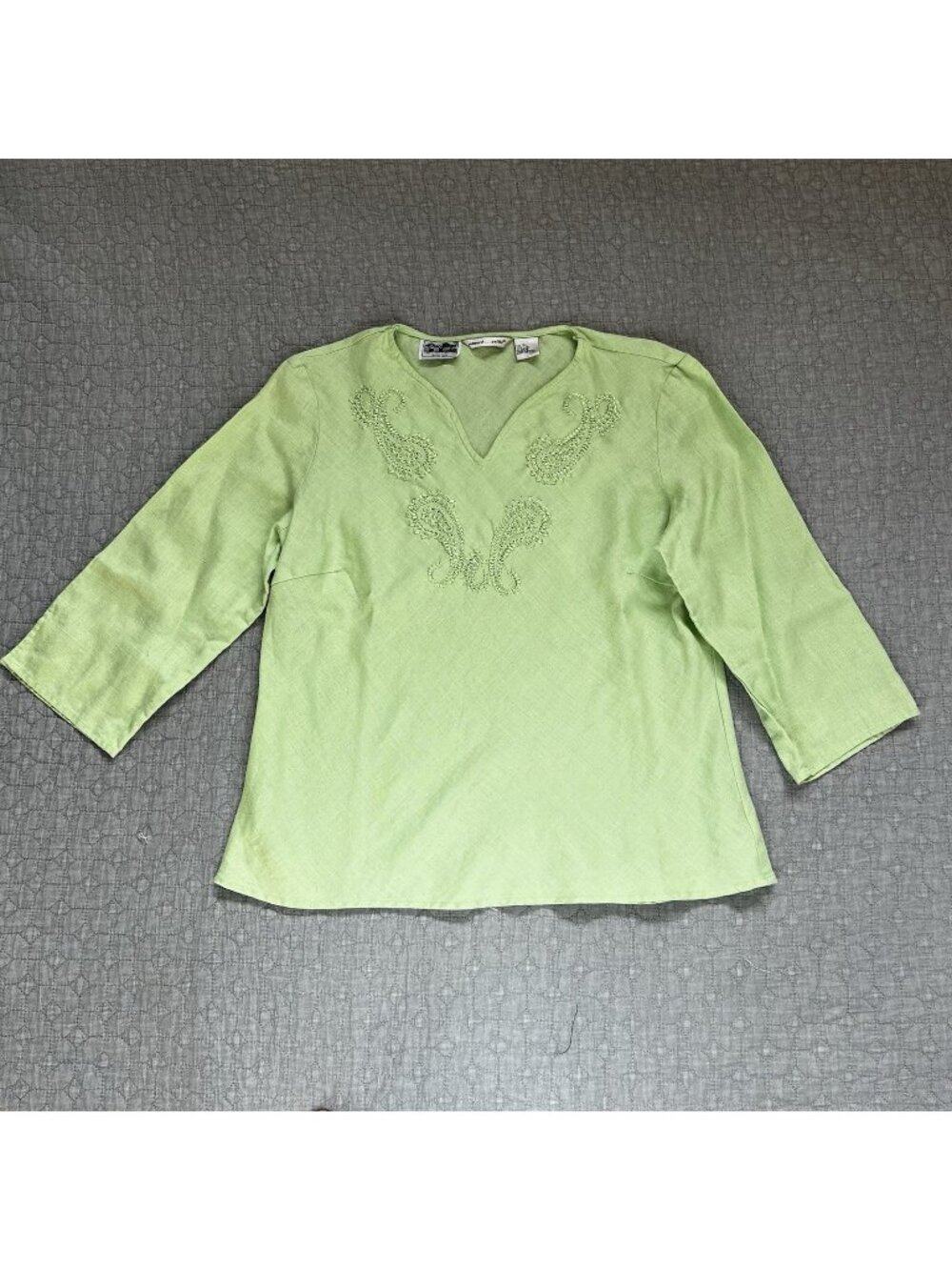 Edward Irish Linen Blouse Top Size Large P Green Embroidered Lagenlook Vintage